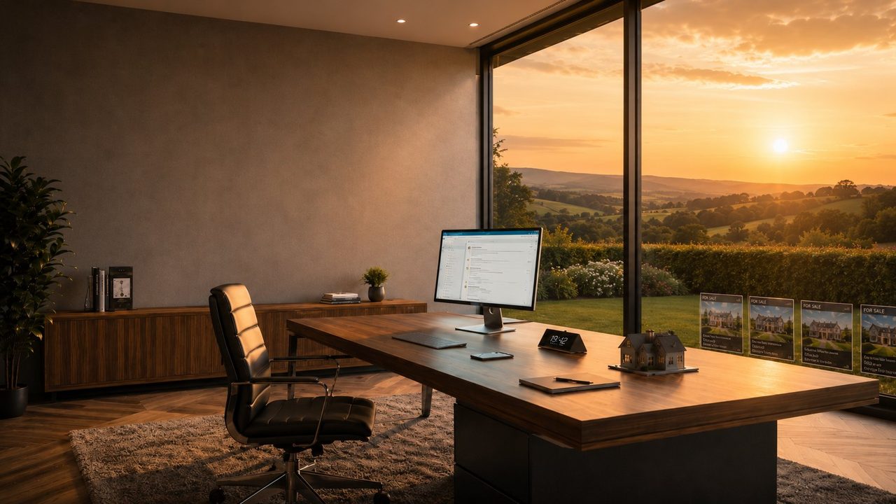 A modern estate-agency desk by a floor-to-ceiling window overlooking the English countryside at sunset; the monitor shows an inbox filling with new property leads.